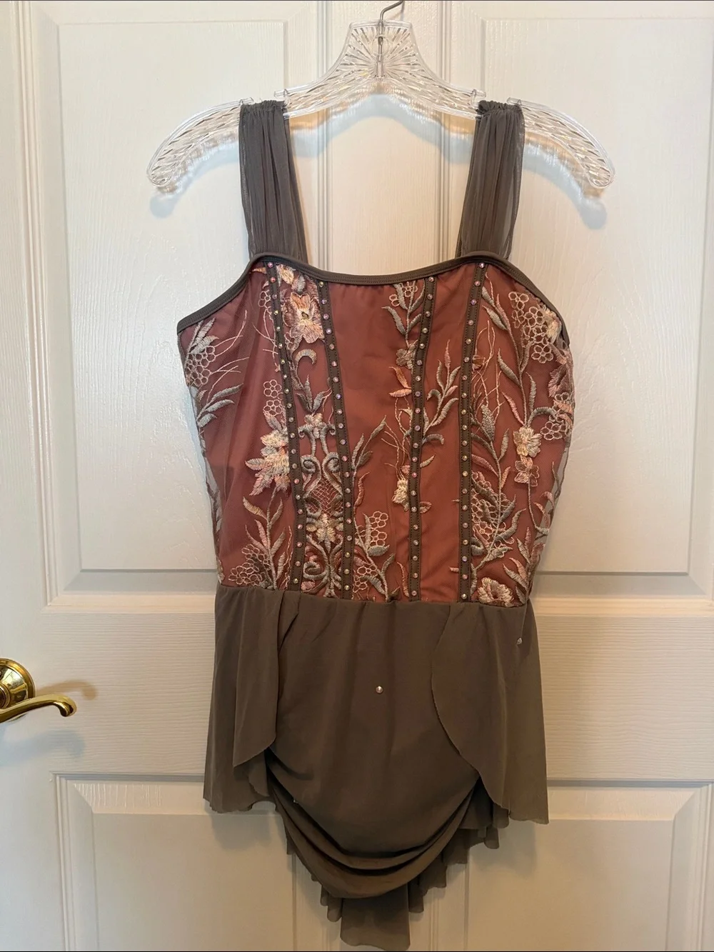 Embroidered Floral Bodice Peplum Top in Rose and Grey.